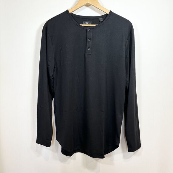 Men’s Cuts Elongated Large Long Sleeve Black Henley T Shirt Top Pyca Pro - Picture 1 of 9